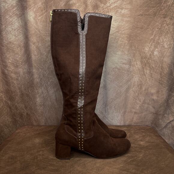 Adrinnne Vittadini Studded Riding Boots Brown Faux Suede Chunky Heel Women's 8 - Picture 10 of 10